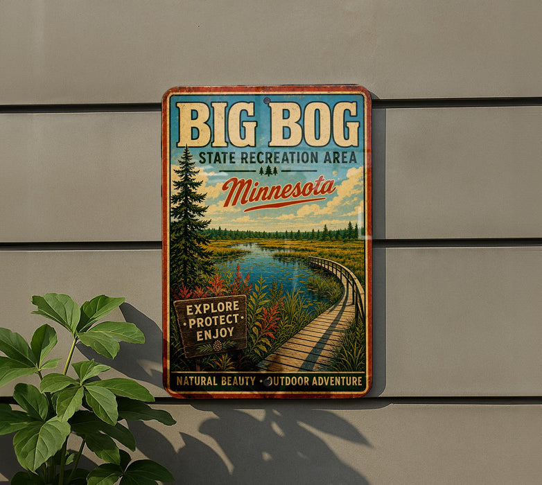 A vintage-style metal sign for the Big Bog State Recreation Area in Minnesota, featuring a scenic landscape with a wooden bridge and a river.