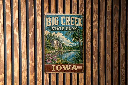 A vintage-style metal sign for Big Creek State Park in Iowa, featuring a scenic landscape with a river, trees, and flowers.