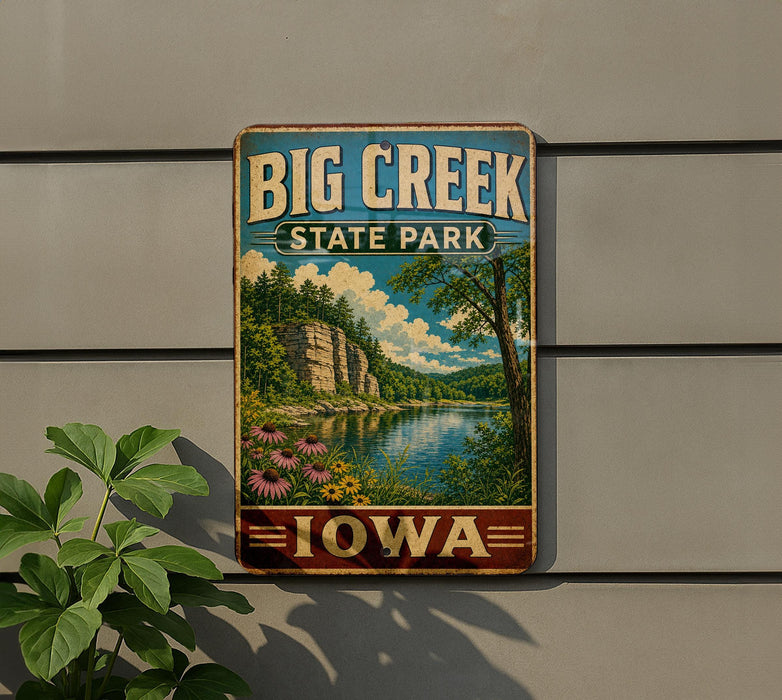 A vintage-style metal sign for Big Creek State Park in Iowa, featuring a scenic landscape with a lake, mountains, and colorful flowers.