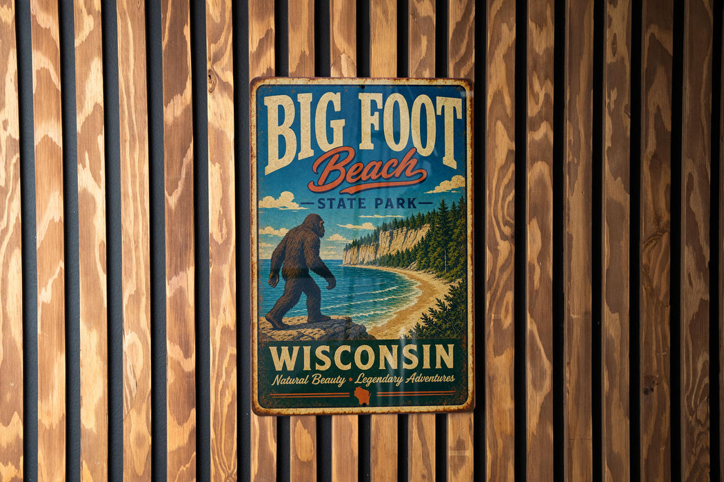 A vintage-style metal sign for Big Foot Beach State Park in Wisconsin, featuring a large Sasquatch silhouette and a scenic beach landscape.