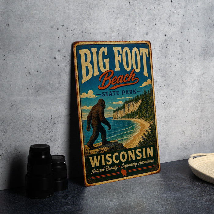 A vintage-style sign for Big Foot Beach State Park in Wisconsin, featuring a large Sasquatch figure and a scenic beach landscape.