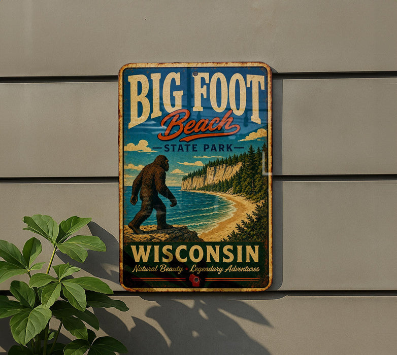 A vintage-style metal sign for Big Foot Beach State Park in Wisconsin, featuring a large Sasquatch figure and a scenic landscape.