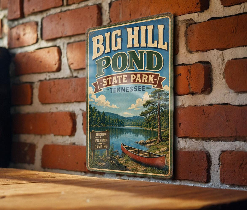 A vintage-style metal sign for Big Hill Pond State Park in Tennessee, featuring a scenic illustration of a lake, forest, and canoe.