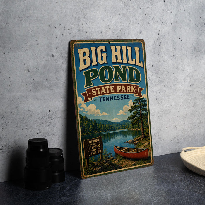 A vintage-style sign for Big Hill Pond State Park in Tennessee, featuring a scenic image of the pond and surrounding landscape.