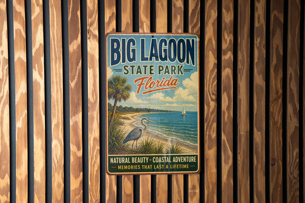 A vintage-style metal sign for Big Lagoon State Park in Florida, featuring a beach scene with palm trees and a crane, is displayed on a wooden fence.