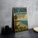 A vintage-style sign for Big Lagoon State Park, Florida, featuring a beach scene with a crane and palm trees, along with the text "Big Lagoon State Park - Florida - Natural Beauty - Coastal Adventure - Memories that Last a Lifetime".