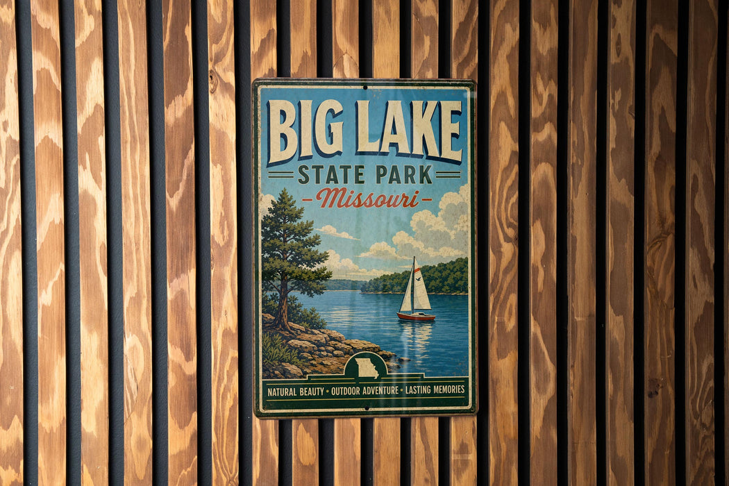 A vintage-style metal sign for Big Lake State Park in Missouri, featuring a sailboat on a lake and a scenic landscape.