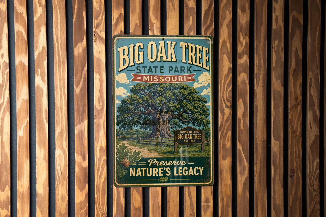 A vintage-style metal sign for Big Oak Tree State Park in Missouri, featuring an illustration of a large oak tree and a path leading to the park.