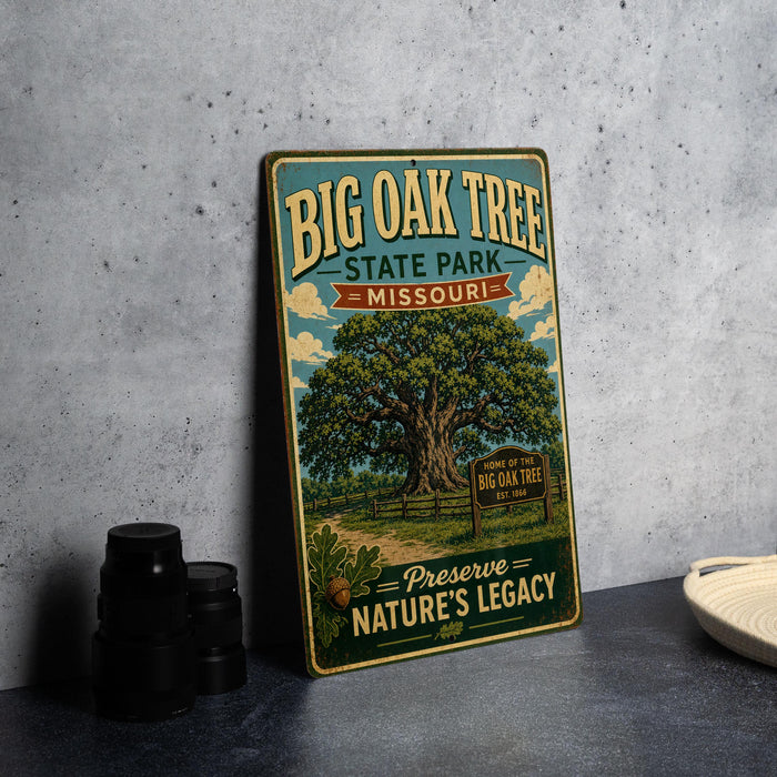 A vintage-style metal sign for Big Oak Tree State Park in Missouri, featuring an illustration of a large oak tree and a sign that reads "Big Oak Tree".