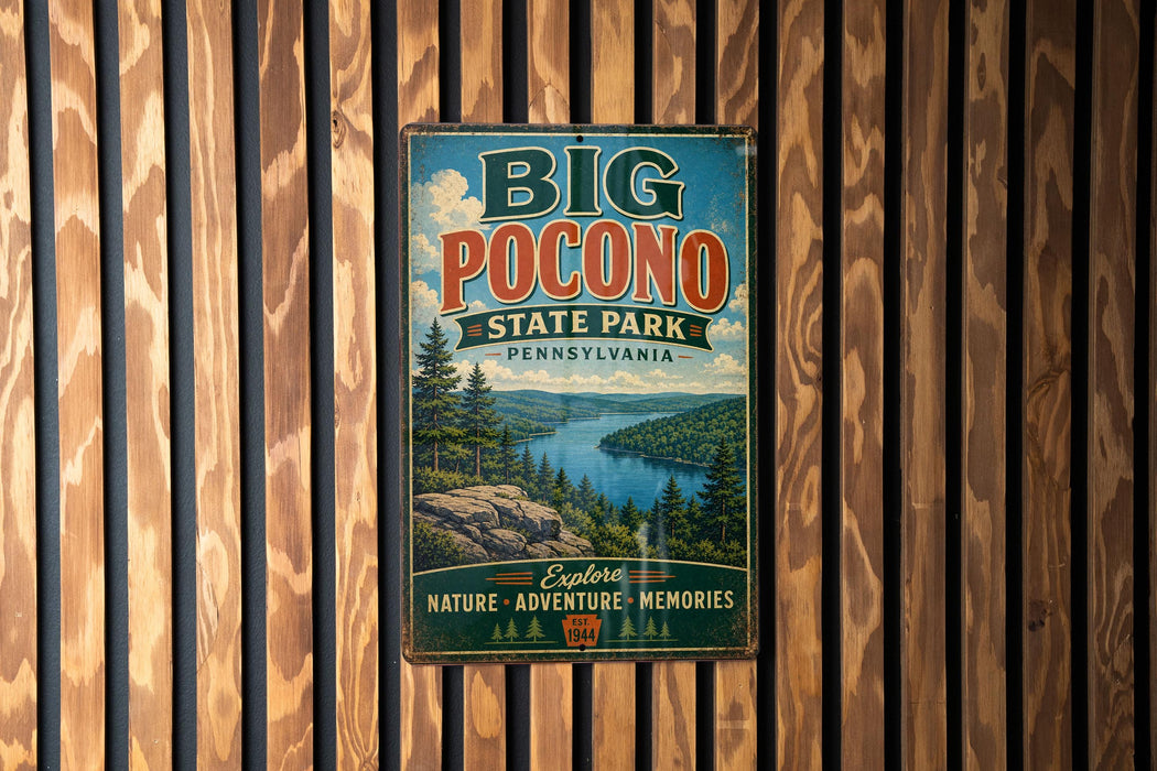 A vintage-style metal sign for Big Pocono State Park in Pennsylvania, featuring a scenic landscape with a river and pine trees.