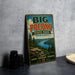 A vintage-style metal sign for Big Pocono State Park in Pennsylvania, featuring a scenic landscape with pine trees, a lake, and mountains.