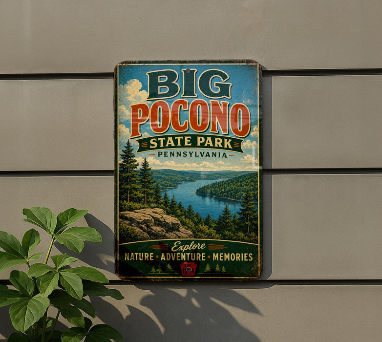 A vintage-style metal sign for Big Pocono State Park in Pennsylvania, featuring a scenic landscape with pine trees, a lake, and mountains.