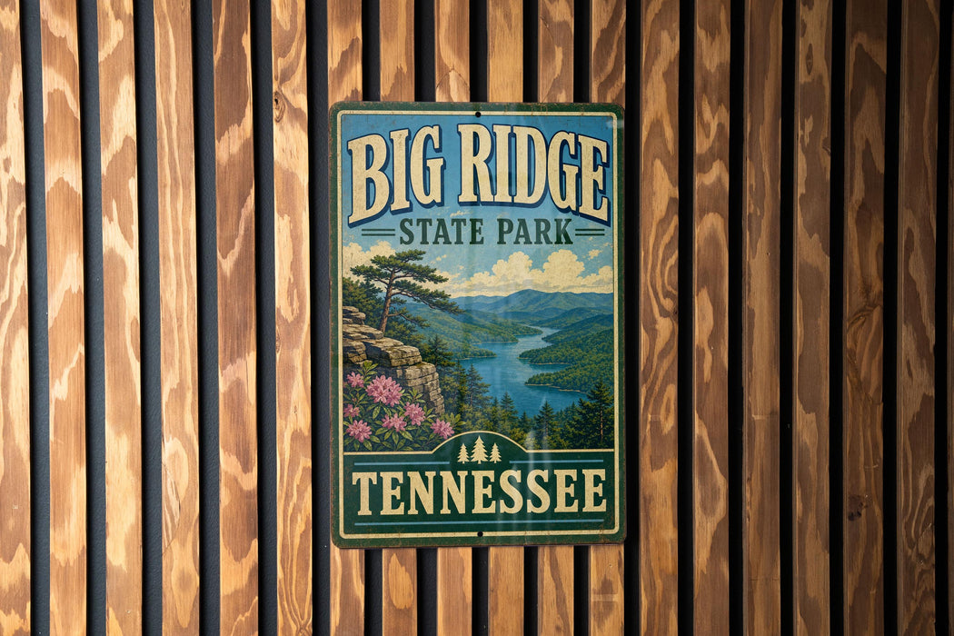 A vintage-style sign for Big Ridge State Park in Tennessee, featuring a scenic landscape with mountains, forests, and a river.