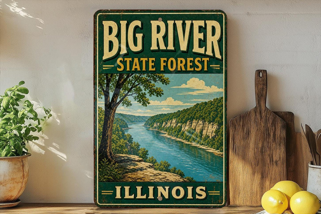 A vintage-style sign for Big River State Forest in Illinois, featuring a scenic image of a river surrounded by lush greenery.
