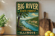 A vintage-style sign for Big River State Forest in Illinois, featuring a scenic image of a river surrounded by lush greenery.