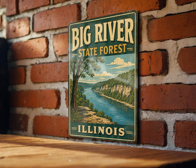 A vintage-style metal sign for the Big River State Forest in Illinois, featuring a scenic illustration of a river surrounded by lush greenery.