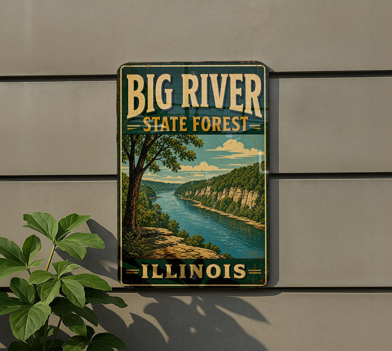A vintage-style sign for the Big River State Forest in Illinois, featuring a scenic landscape with a river, trees, and mountains.