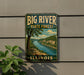 A vintage-style sign for the Big River State Forest in Illinois, featuring a scenic landscape with a river, trees, and mountains.