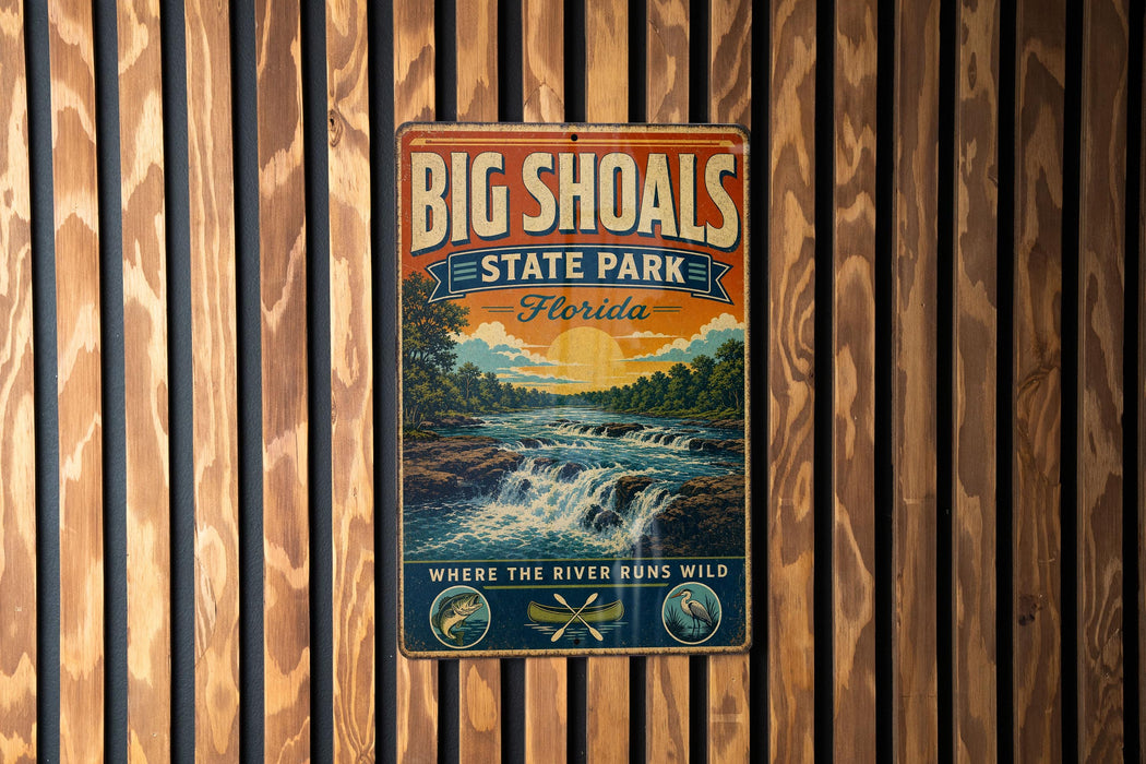 A vintage-style metal sign for Big Shoals State Park in Florida, featuring a scenic illustration of a river and waterfall.