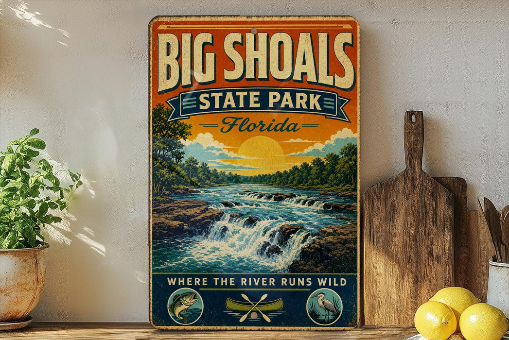 A vintage-style sign for Big Shoals State Park in Florida, featuring a scenic illustration of a river flowing through a lush landscape with a sunset in the background.