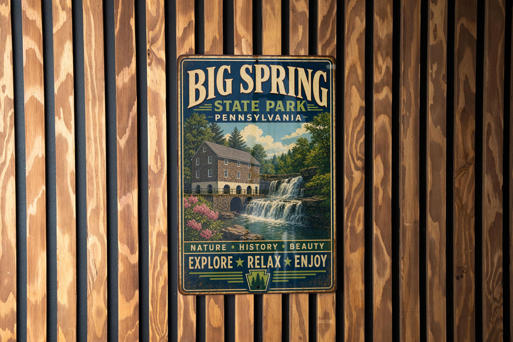A vintage-style metal sign for Big Spring State Park in Pennsylvania, featuring a scenic image of a waterfall and a house.