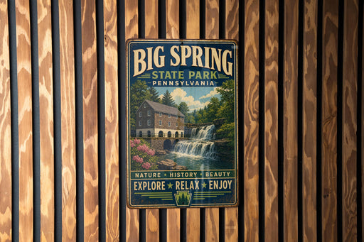 A vintage-style metal sign for Big Spring State Park in Pennsylvania, featuring a scenic image of a waterfall and a house.