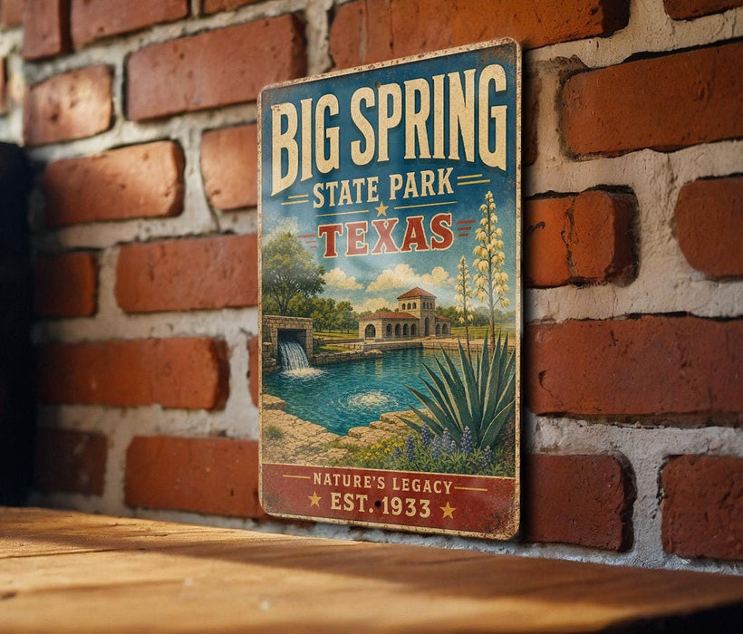 A vintage-style sign for Big Spring State Park in Texas, featuring a scenic illustration of a lake, palm trees, and a building.