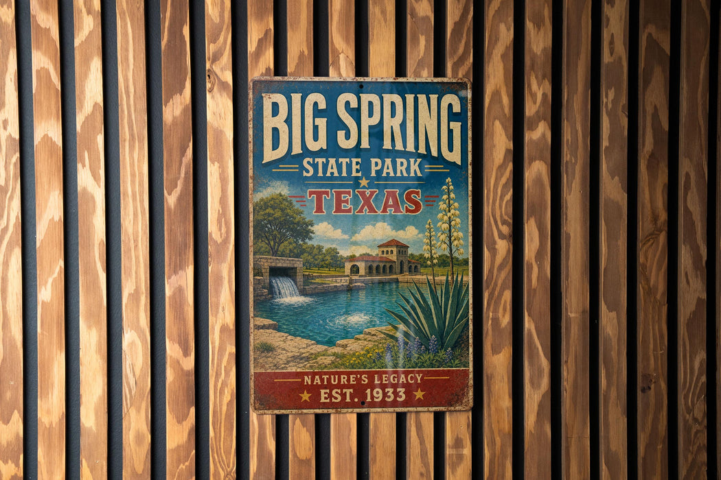 A vintage-style sign for Big Spring State Park in Texas, featuring a scenic illustration of a lake, waterfall, and surrounding landscape.