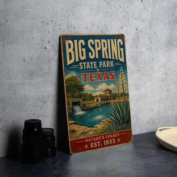 A vintage-style sign for Big Spring State Park in Texas, featuring an illustration of a scenic landscape with a waterfall and a building.
