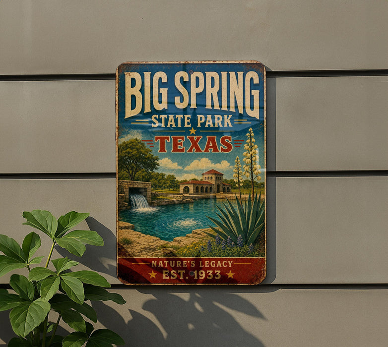 A vintage-style sign for Big Spring State Park in Texas, featuring a scenic landscape with a waterfall and a building.