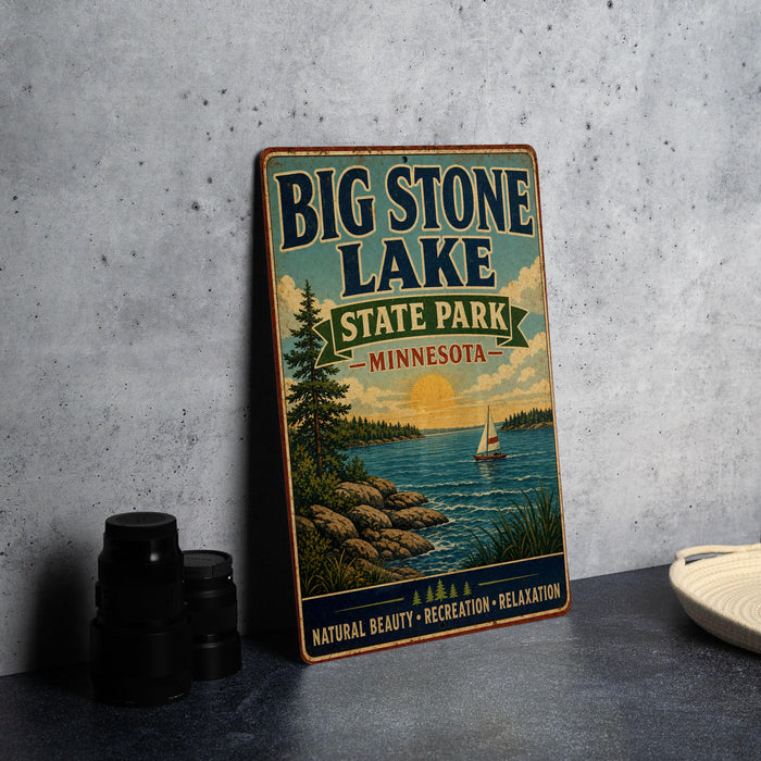 A vintage-style metal sign for Big Stone Lake State Park in Minnesota, featuring a scenic illustration of the lake and surrounding landscape.