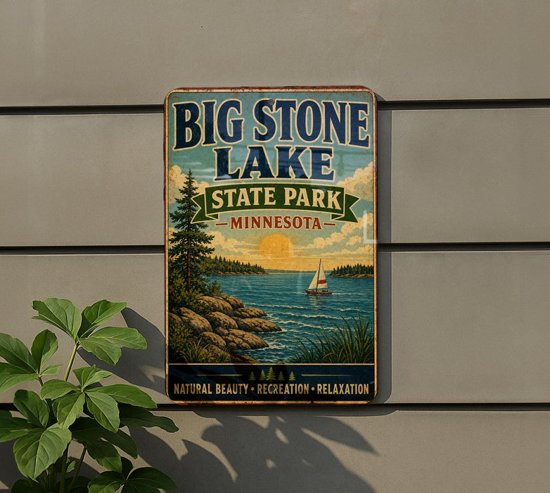 A vintage-style sign for Big Stone Lake State Park in Minnesota, featuring a scenic landscape with a lake, mountains, and a sailboat.