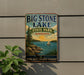 A vintage-style sign for Big Stone Lake State Park in Minnesota, featuring a scenic landscape with a lake, mountains, and a sailboat.