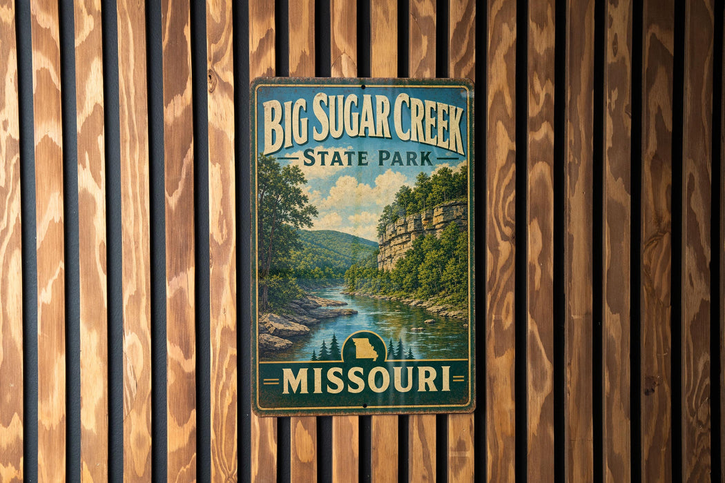 A vintage metal sign for Big Sugar Creek State Park in Missouri, featuring a scenic landscape with a river and mountains.