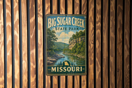 A vintage metal sign for Big Sugar Creek State Park in Missouri, featuring a scenic landscape with a river and mountains.