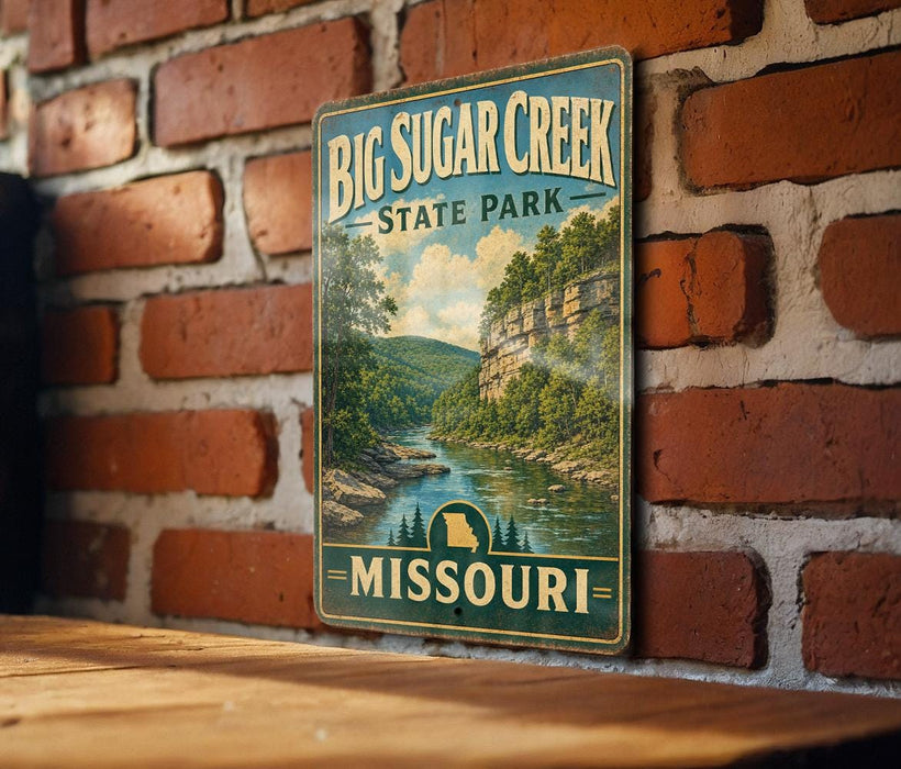A vintage-style metal sign for Big Sugar Creek State Park in Missouri, featuring a scenic landscape with a river and mountains.