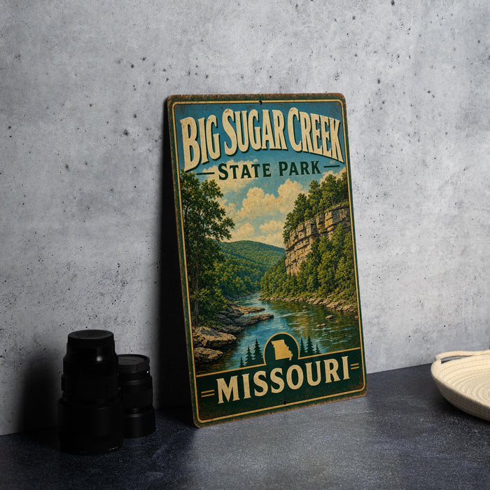 A vintage-style metal sign for Big Sugar Creek State Park in Missouri, featuring a scenic landscape with a river and mountains.