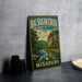 A vintage-style metal sign for Big Sugar Creek State Park in Missouri, featuring a scenic landscape with a river and mountains.