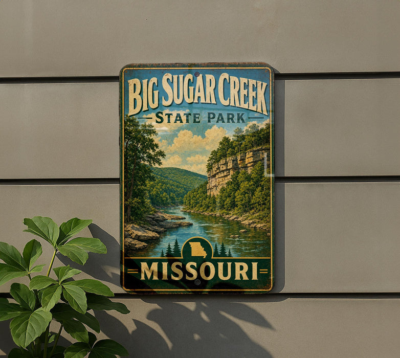 A vintage-style sign for Big Sugar Creek State Park in Missouri, featuring a scenic landscape with a river and mountains.