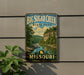 A vintage-style sign for Big Sugar Creek State Park in Missouri, featuring a scenic landscape with a river and mountains.