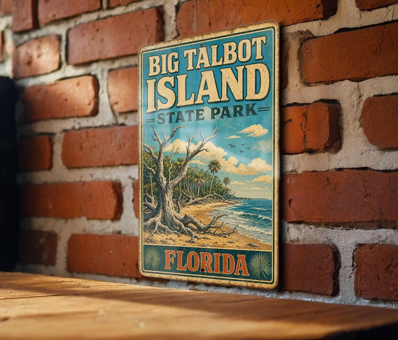 A vintage-style metal sign for Big Talbot Island State Park in Florida, featuring a tropical beach scene with palm trees and a large tree trunk.
