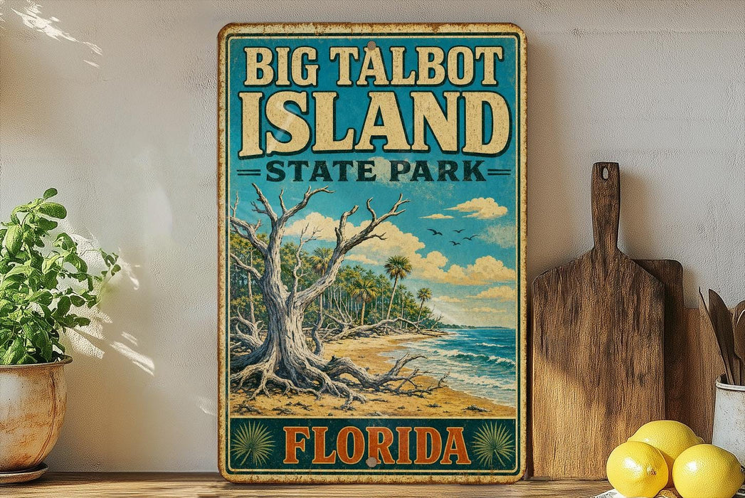 A vintage-style sign for Big Talbot Island, Florida, featuring a tropical beach scene with palm trees and a large tree trunk.