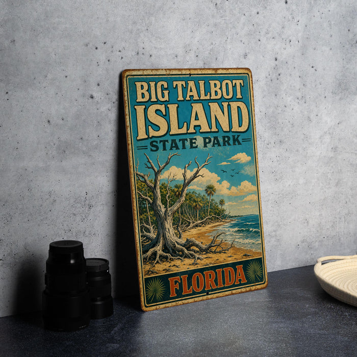 A vintage-style metal sign for Big Talbot Island State Park in Florida, featuring a tropical beach scene with palm trees and a large tree trunk.