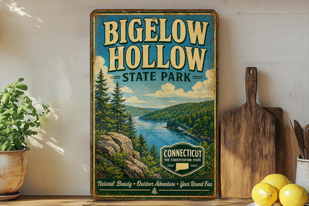 A vintage-style sign for Bigelow Hollow State Park, featuring a scenic landscape with pine trees, a river, and mountains.