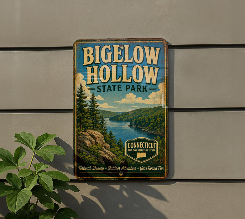A vintage-style metal sign for Bigelow Hollow State Park, featuring a scenic landscape with pine trees, a lake, and mountains.