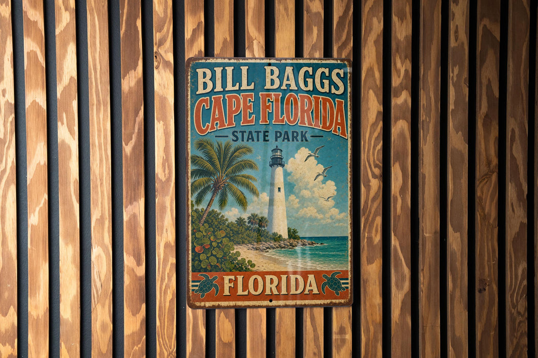 A vintage metal sign for Bill Bagg's Cape Florida State Park, featuring a lighthouse and palm trees, is displayed on a wooden wall.
