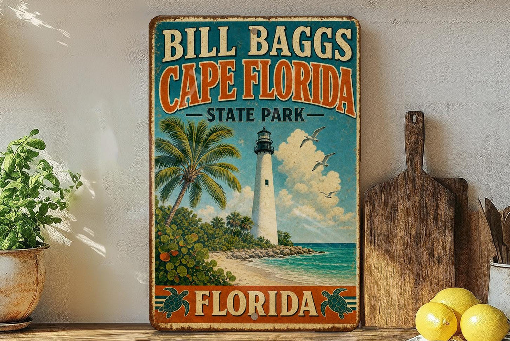 A vintage-style sign for Bill Bagg's Cape Florida State Park, featuring a lighthouse, palm trees, and a beach scene.