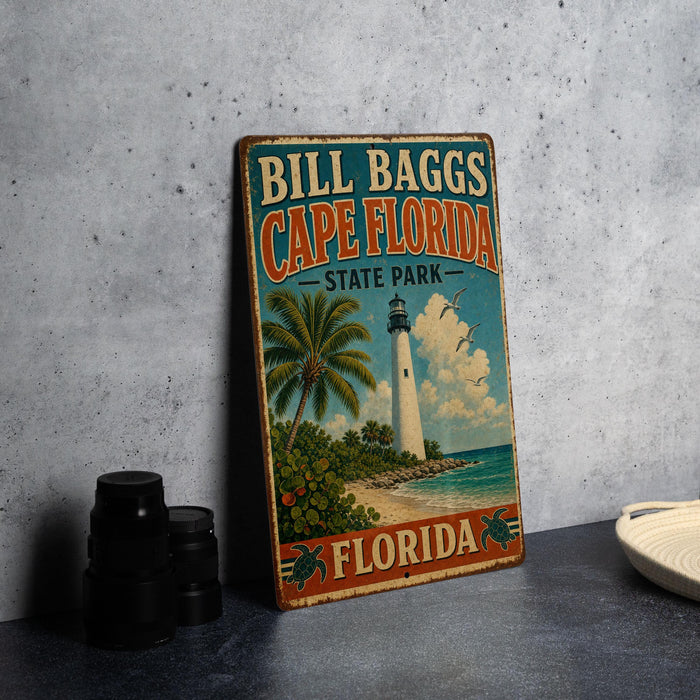 A vintage-style sign for Bill Bagg's Cape Florida State Park, featuring a lighthouse and palm trees, is displayed on a gray countertop.
