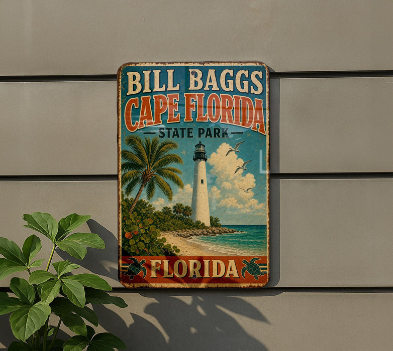 A vintage-style sign for Cape Florida State Park, featuring a lighthouse and palm trees, is displayed on a wall.