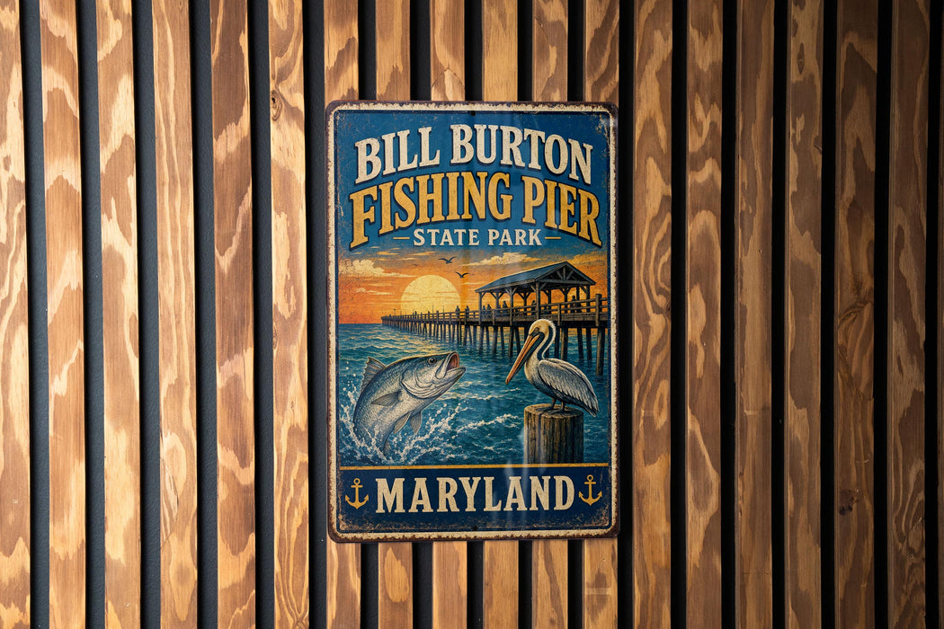 A vintage metal sign for Bill Burton Fishing Pier in Maryland, featuring an illustration of a pier with a pelican and a fish.